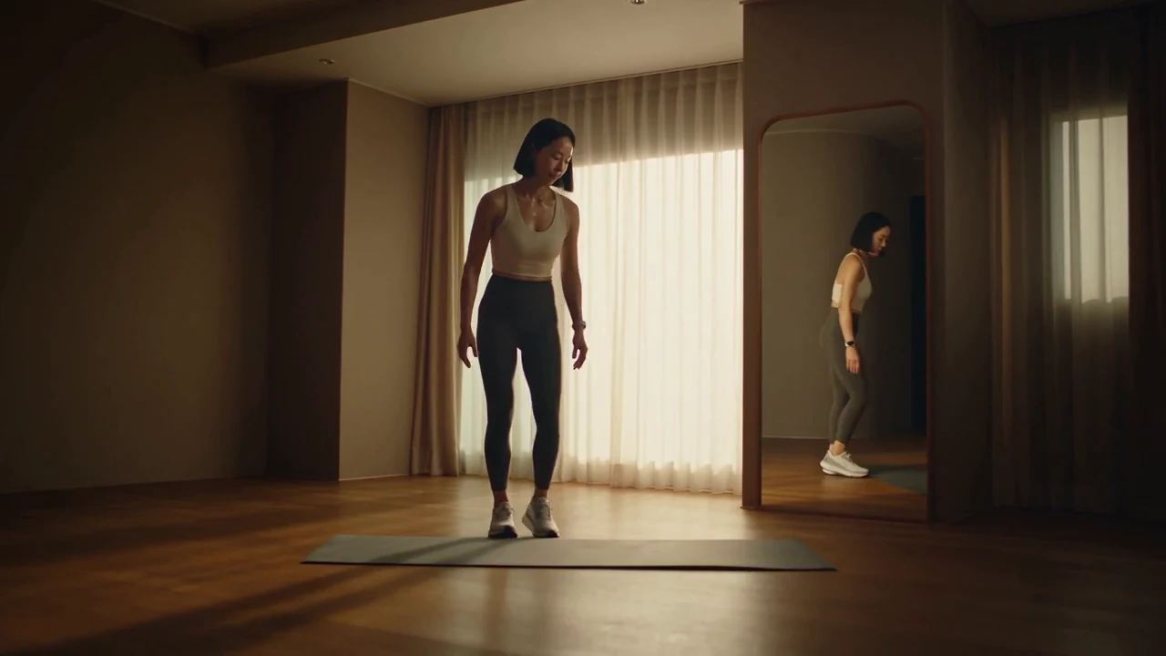 따뜻한 자연광이 드는 공간에서 운동을 준비하는 여성